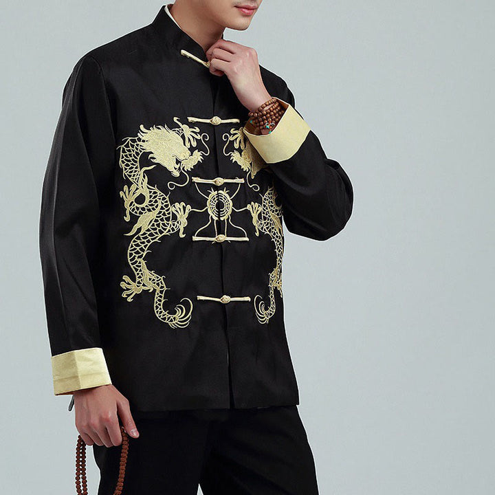 Chaqueta de hombre de fibra de poliéster con botones de rana y mangas con bordado de dragón y Buddha Stones , informal, camisa y pantalones - image 12