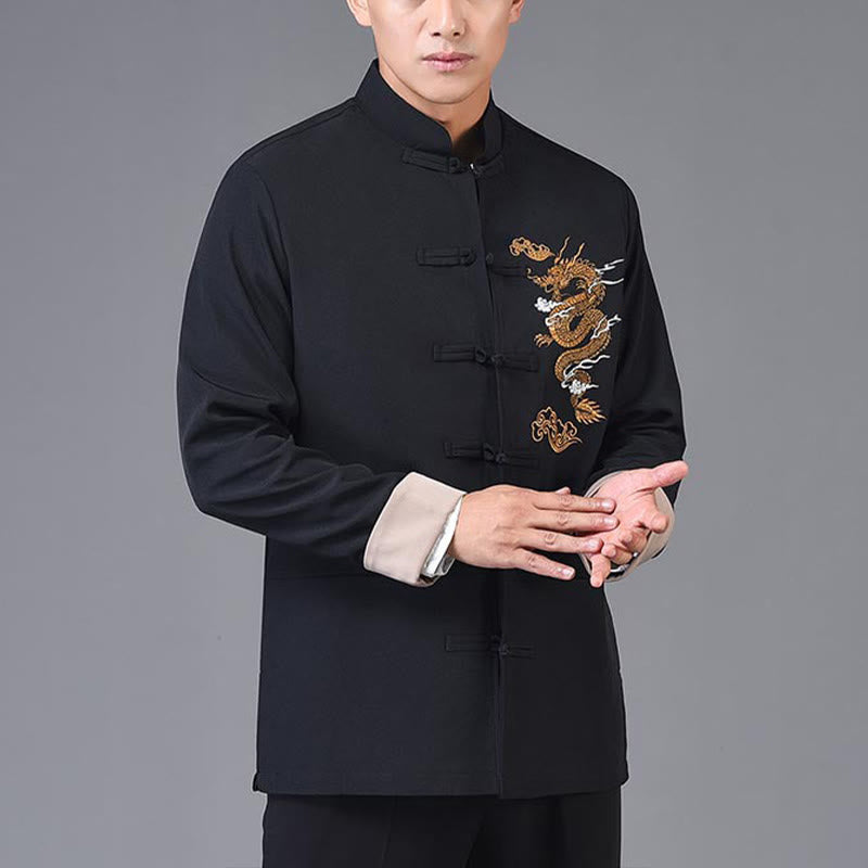 Chaqueta de poliéster con botones de rana y bordado de dragón y Buddha Stones para hombre, ropa con bolsillos - image 3
