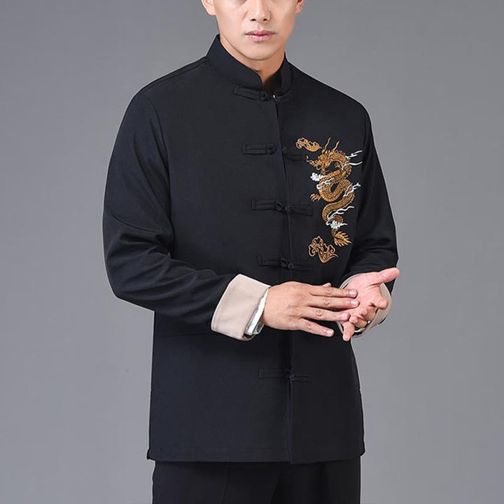 Chaqueta de poliéster con botones de rana y bordado de dragón y Buddha Stones para hombre, ropa con bolsillos - image 3