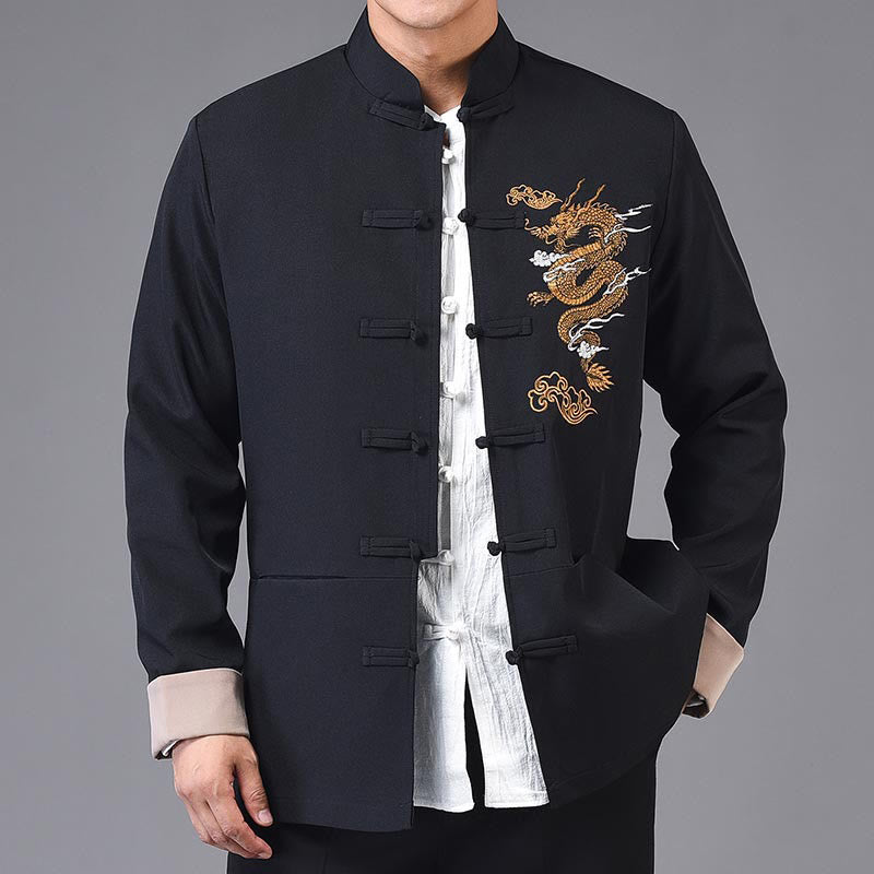 Chaqueta de poliéster con botones de rana y bordado de dragón y Buddha Stones para hombre, ropa con bolsillos - image 1