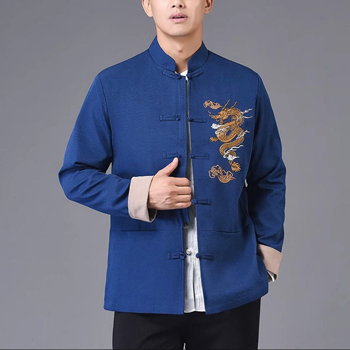 Chaqueta de poliéster con botones de rana y bordado de dragón y Buddha Stones para hombre, ropa con bolsillos - Azul oscuro - US/UK/AU44, EU54 (4XL) - image 16