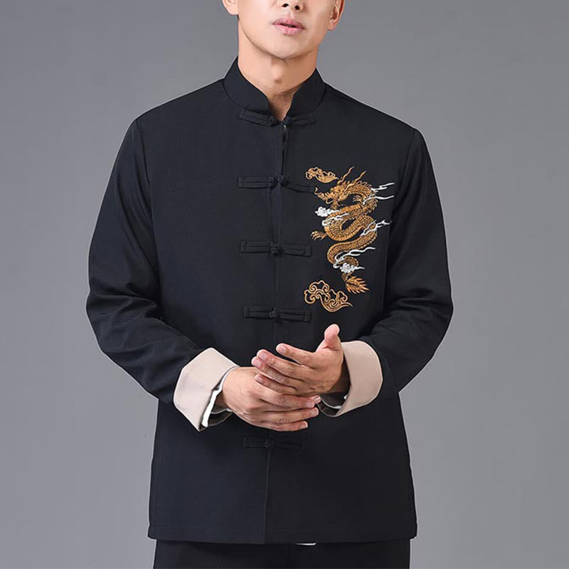 Chaqueta de poliéster con botones de rana y bordado de dragón y Buddha Stones para hombre, ropa con bolsillos - image 4