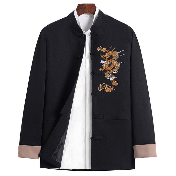 Chaqueta de poliéster con botones de rana y bordado de dragón y Buddha Stones para hombre, ropa con bolsillos - image 6