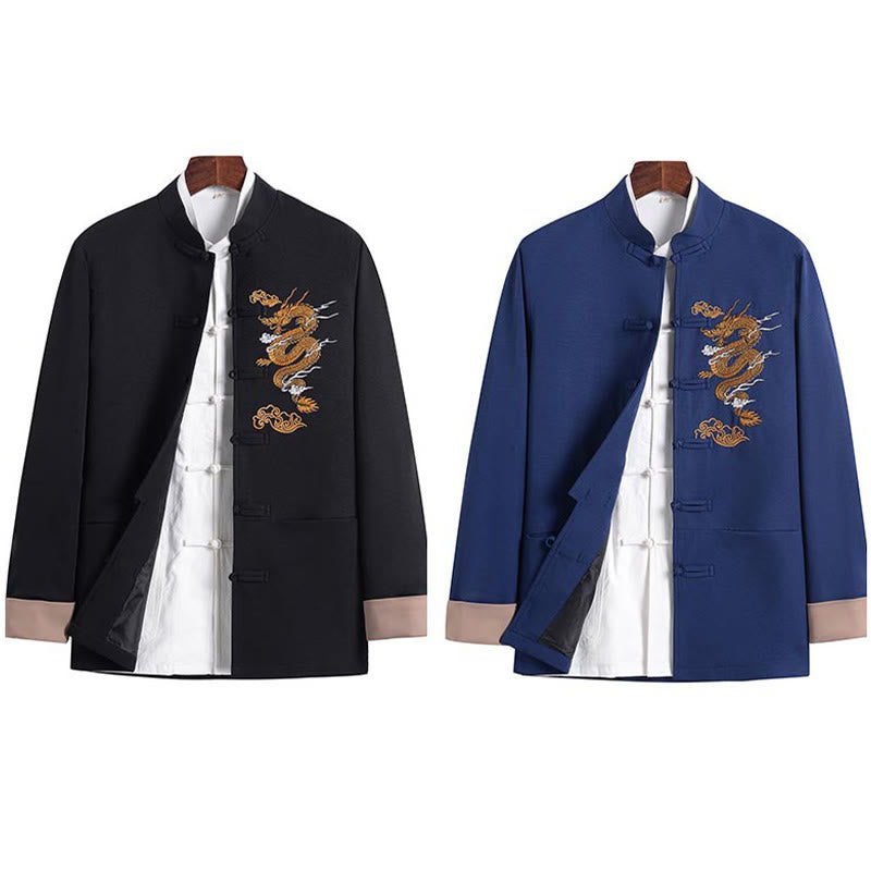 Chaqueta de poliéster con botones de rana y bordado de dragón y Buddha Stones para hombre, ropa con bolsillos - image 20