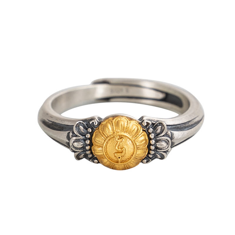 Anillo ajustable de protección Tara Bodhisattva bañado en oro y plata de ley 925 con Buddha Stones