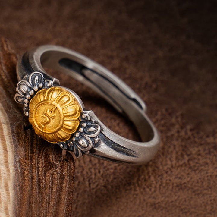 Anillo ajustable de protección Tara Bodhisattva bañado en oro y plata de ley 925 con Buddha Stones