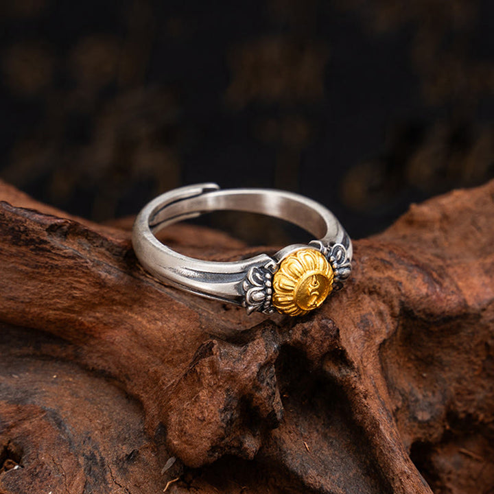 Anillo ajustable de protección Tara Bodhisattva bañado en oro y plata de ley 925 con Buddha Stones
