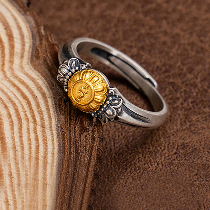 Anillo ajustable de protección Tara Bodhisattva bañado en oro y plata de ley 925 con Buddha Stones