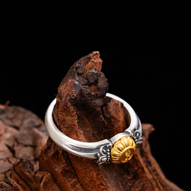 Anillo ajustable de protección Tara Bodhisattva bañado en oro y plata de ley 925 con Buddha Stones