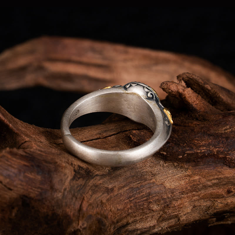 Anillo ajustable con esqueleto de equilibrio bañado en oro y plata de ley 925 con Buddha Stones