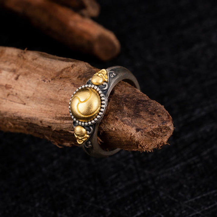 Anillo ajustable con esqueleto de equilibrio bañado en oro y plata de ley 925 con Buddha Stones