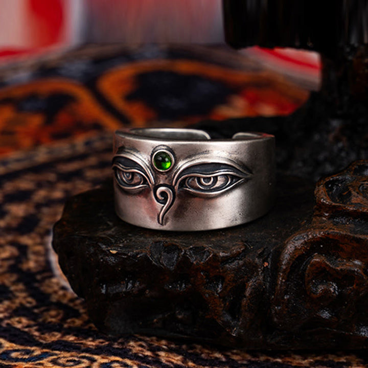 Anillo ajustable de plata de ley 925 con Buddha Stones y Bodhisattva Tara Calm