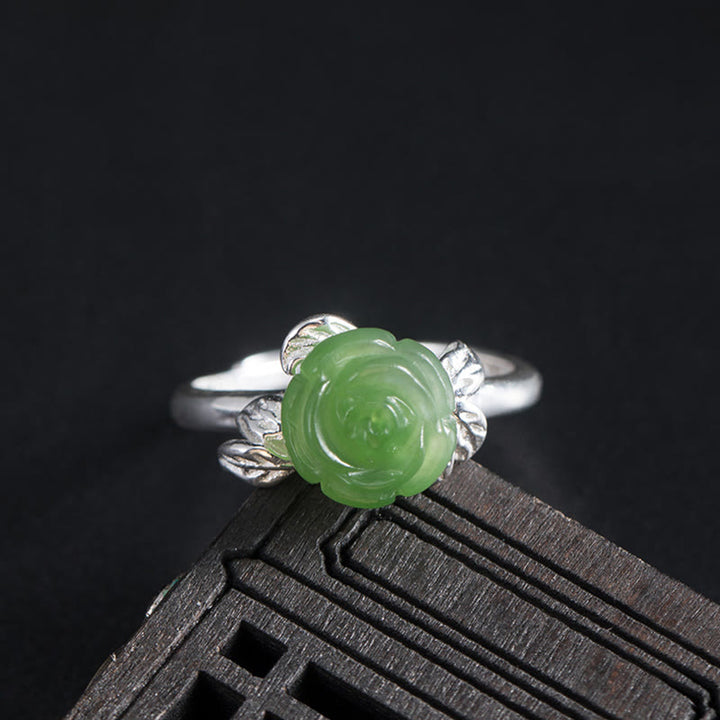 Anillo ajustable de plata de ley 925 con Buddha Stones y rosa de jade verde