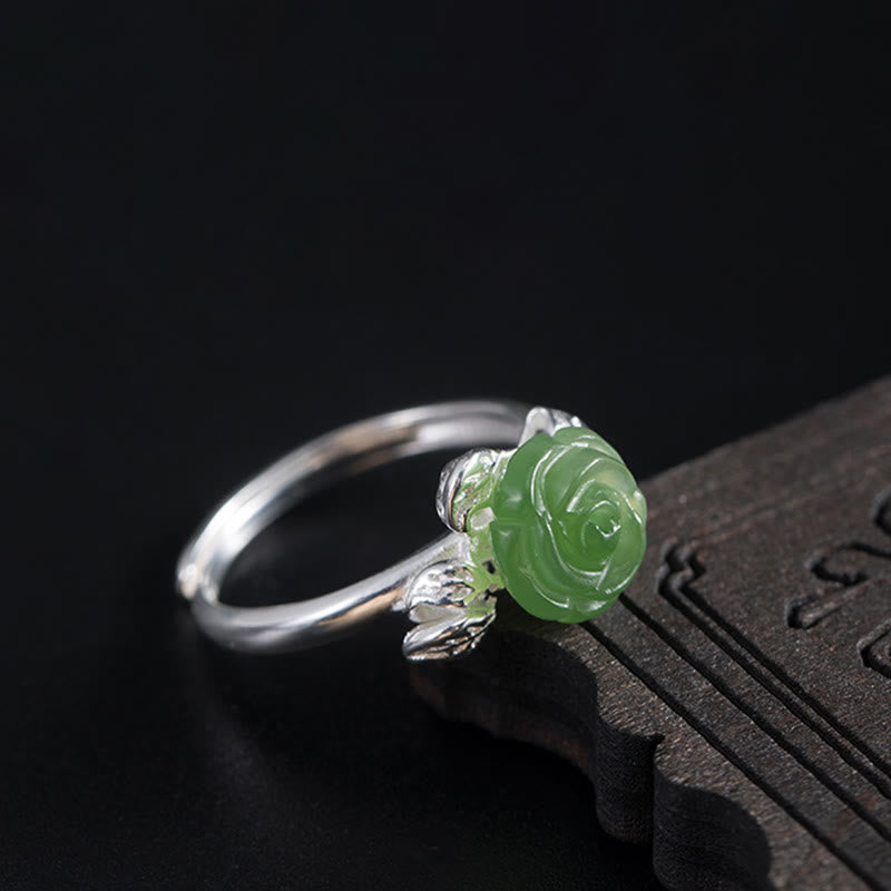 Anillo ajustable de plata de ley 925 con Buddha Stones y rosa de jade verde