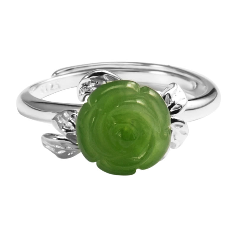 Anillo ajustable de plata de ley 925 con Buddha Stones y rosa de jade verde