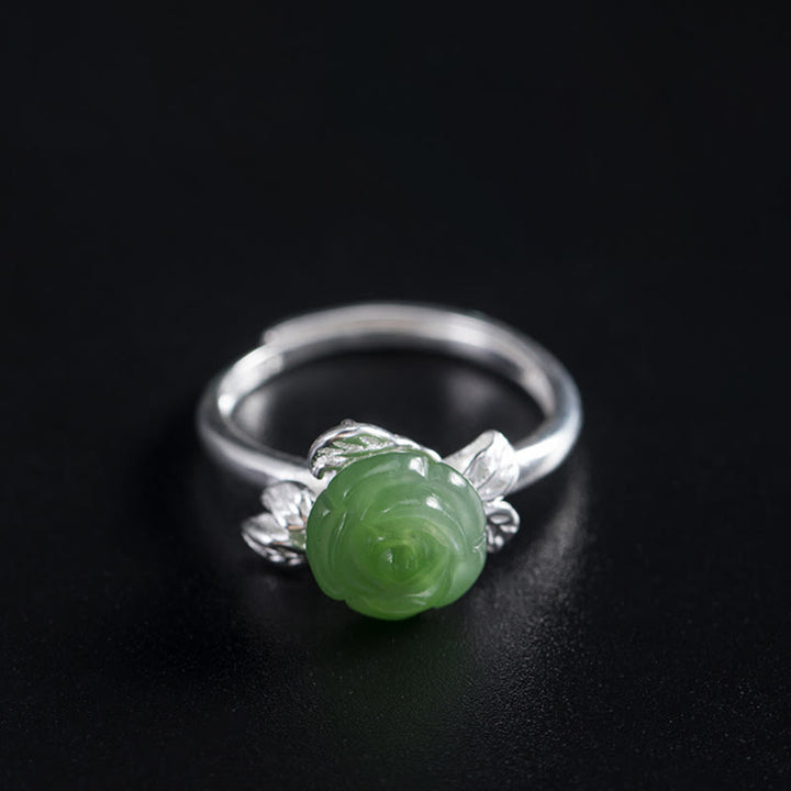 Anillo ajustable de plata de ley 925 con Buddha Stones y rosa de jade verde