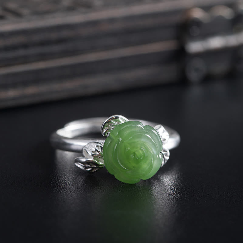 Anillo ajustable de plata de ley 925 con Buddha Stones y rosa de jade verde