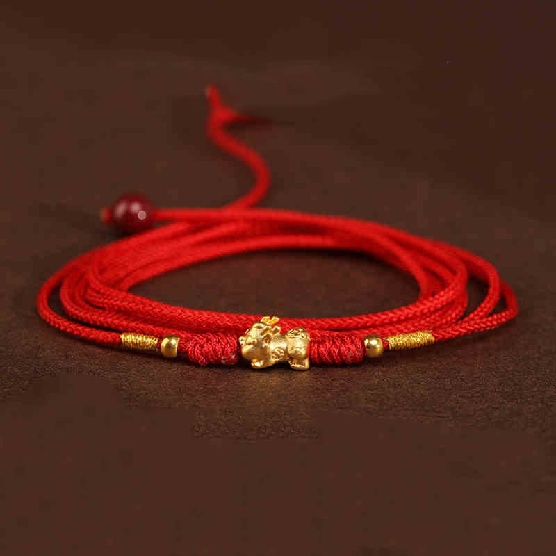 Cadena para el vientre con hilo rojo de oro macizo 999 y piedra de Buda - Forma de cuentas de la suerte Pixiu - image 19