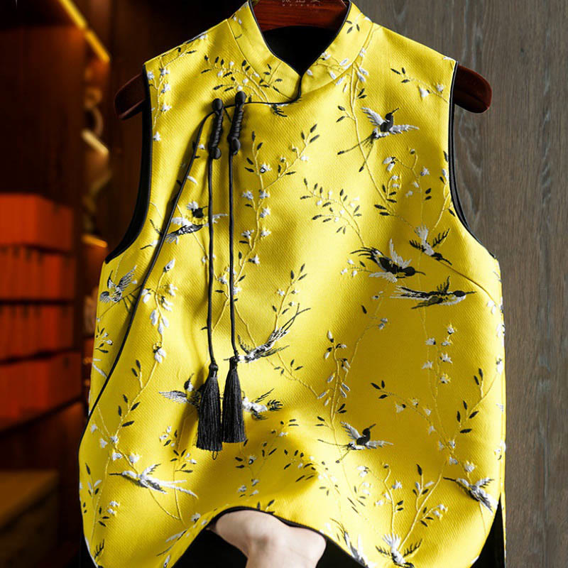 Chaleco con botones y nudo con diseño de plantas y grullas bordadas con Buddha Stones - Amarillo - US12, UK/AU16, EU44 (3XL) - image 0