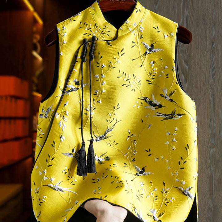 Chaleco con botones y nudo con diseño de plantas y grullas bordadas con Buddha Stones - Amarillo - US12, UK/AU16, EU44 (3XL) - image 0