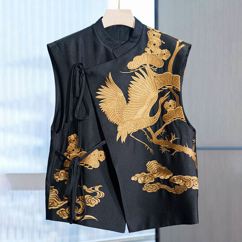 Chaleco con diseño de nubes y grullas doradas con bordado vintage de Buddha Stones - Dorado - US12, UK/AU16, EU44 (3XL) - image 0