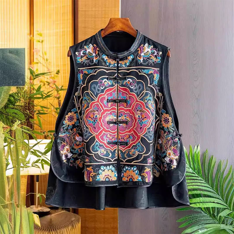 Chaleco con estampado de flores y nubes de colores y bordado vintage con Buddha Stones - Negro - US12, UK/AU16, EU44 (3XL) - image 0