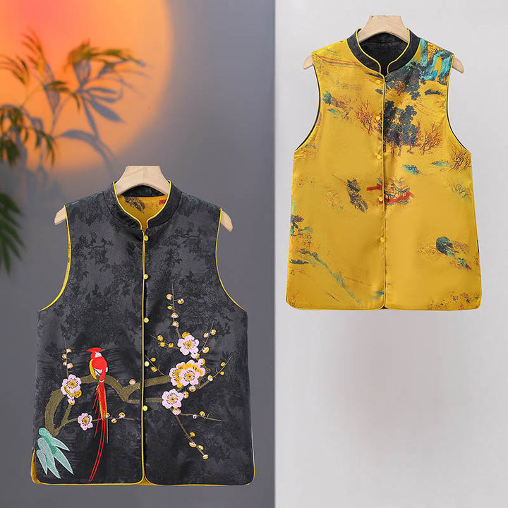 Chaleco de doble cara con estampado de flor de ciruelo y bordado vintage con Buddha Stones - image 10