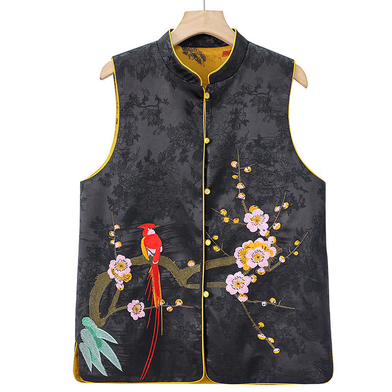 Chaleco de doble cara con estampado de flor de ciruelo y bordado vintage con Buddha Stones - image 12