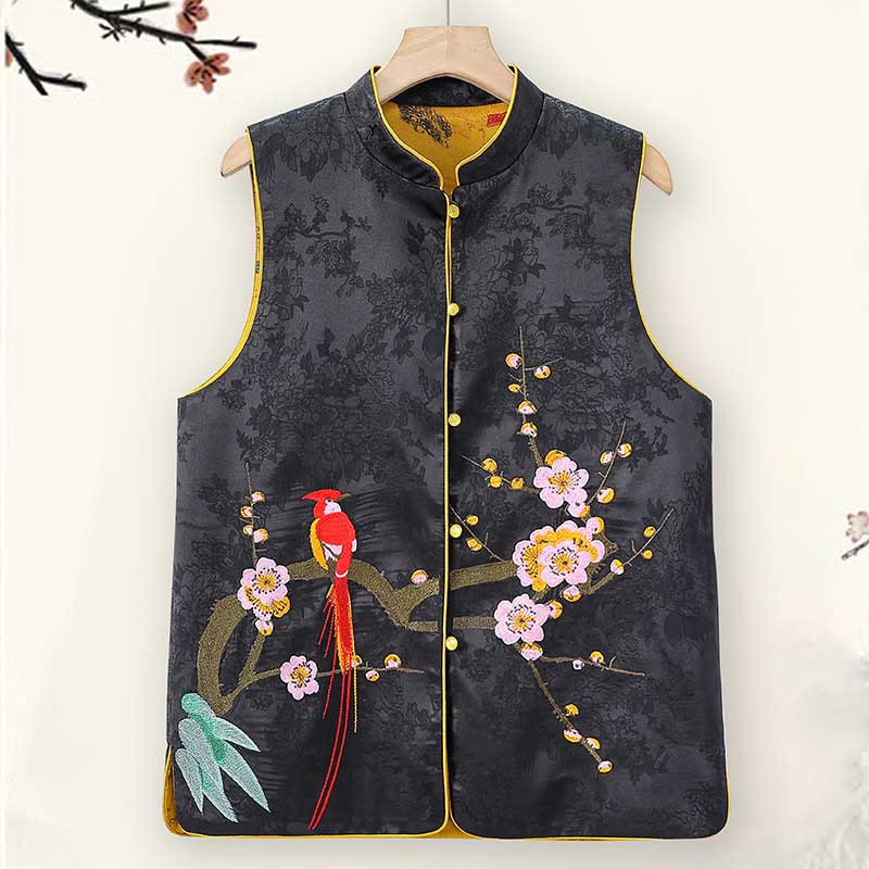Chaleco de doble cara con estampado de flor de ciruelo y bordado vintage con Buddha Stones - Negro - US16, UK/AU20, EU48 (5XL) - image 0