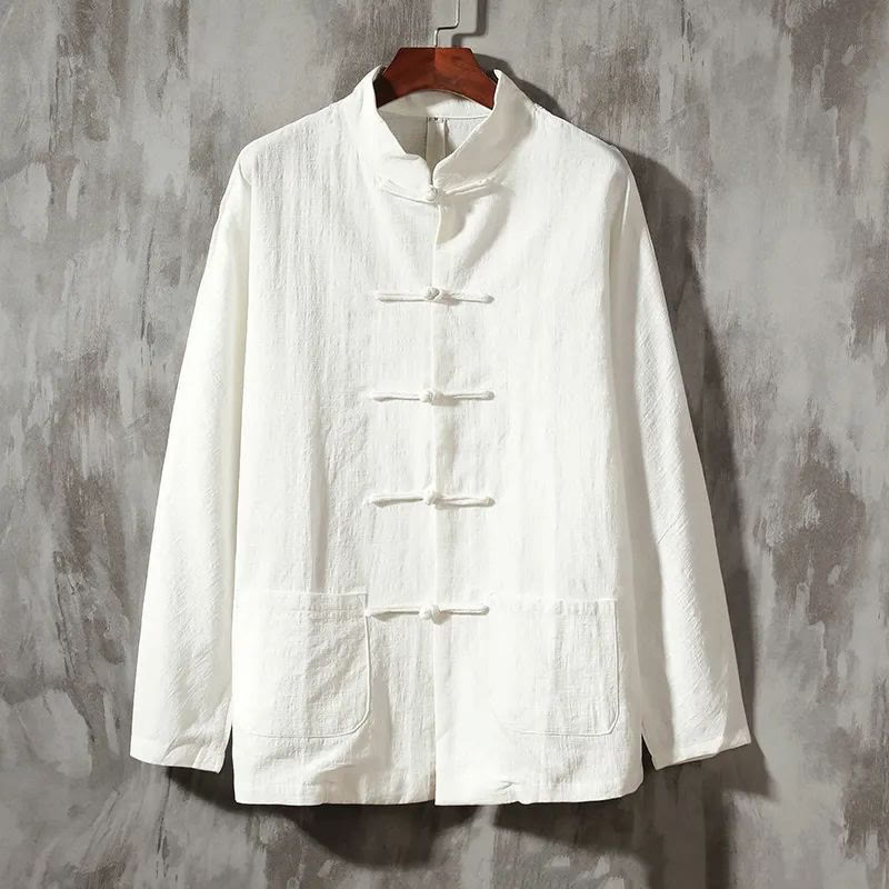 Camisa informal de lino y algodón con cuello alto y Buddha Stones - Blanco - US/UK/AU44, UE54 (5XL) - image 1