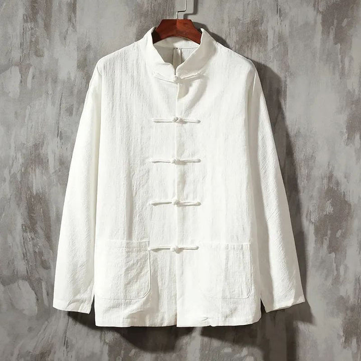 Camisa informal de lino y algodón con cuello alto y Buddha Stones - Blanco - US/UK/AU44, UE54 (5XL) - image 1