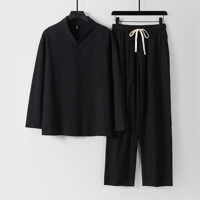 Conjunto de ropa para hombre, traje Tang de algodón con cuello cruzado y Buddha Stones , pantalones y parte superior de Hanfu - Negro - US/UK/AU54, EU64 (9XL) - image 3