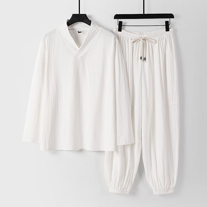 Pantalones cortos con Buddha Stones , traje Tang de algodón, conjunto de ropa Hanfu para hombre - Blanco - US/UK/AU54, EU64 (9XL) - image 16