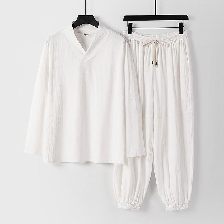 Pantalones cortos con Buddha Stones , traje Tang de algodón, conjunto de ropa Hanfu para hombre - Blanco - US/UK/AU54, EU64 (9XL) - image 16