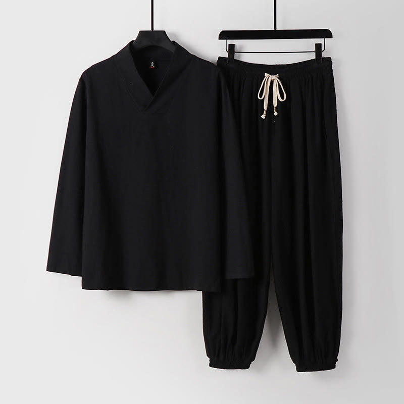 Pantalones cortos con Buddha Stones , traje Tang de algodón, conjunto de ropa Hanfu para hombre - Negro - US/UK/AU54, EU64 (9XL) - image 9