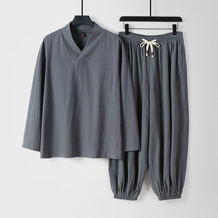 Pantalones cortos con Buddha Stones , traje Tang de algodón, conjunto de ropa Hanfu para hombre - Gris - US/UK/AU54, EU64 (9XL) - image 22
