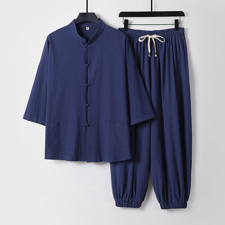 Pantalones cortos de algodón con mangas tres cuartos y estampado de Buddha Stones para hombre - Azul pizarra oscuro - US/UK/AU50, EU60 (7XL) - image 8