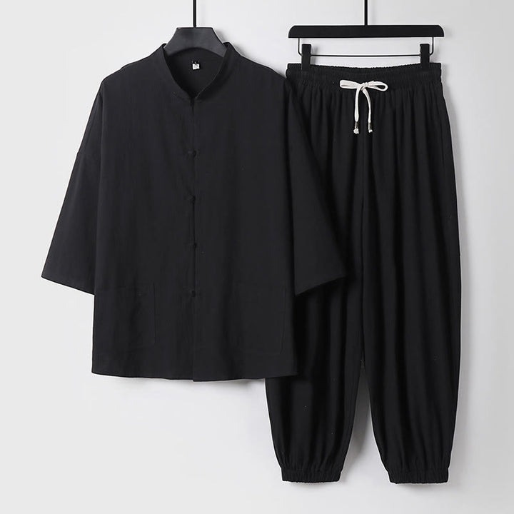 Pantalones cortos de algodón con mangas tres cuartos y estampado de Buddha Stones para hombre - Negro - US/UK/AU50, EU60 (7XL) - image 4