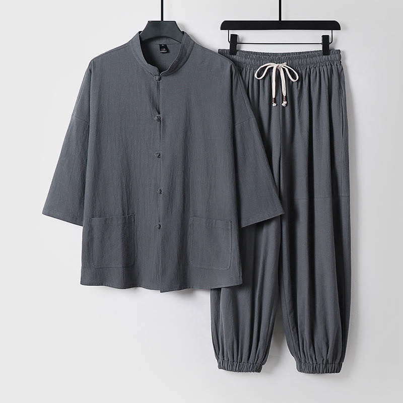 Pantalones cortos de algodón con mangas tres cuartos y estampado de Buddha Stones para hombre - Gris - US/UK/AU50, EU60 (7XL) - image 0