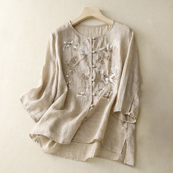 Blusa informal de cuello redondo con Buddha Stones , camisa de manga larga bordada, top de lino y algodón, camisas para mujer - Broncearse - US/UK/AU40, EU50 (2XL) - image 6