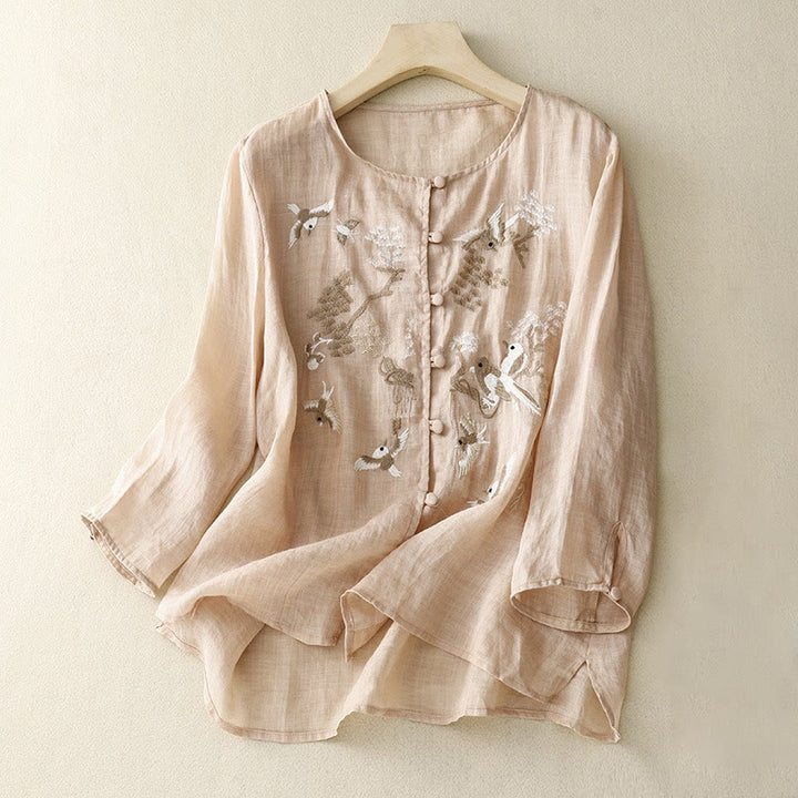 Blusa informal de cuello redondo con Buddha Stones , camisa de manga larga bordada, top de lino y algodón, camisas para mujer - Mocasín - US/UK/AU40, EU50 (2XL) - image 0