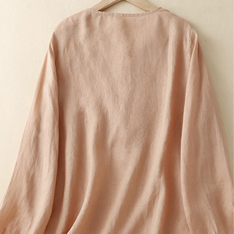 Camiseta de lino y algodón de manga larga con cuello redondo y flores bordadas informales con Buddha Stones para mujer - image 1