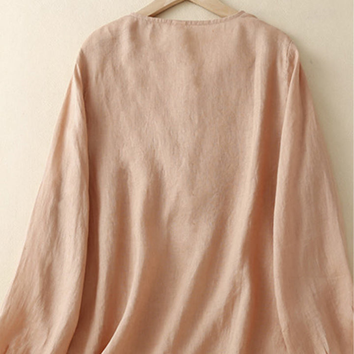 Camiseta de lino y algodón de manga larga con cuello redondo y flores bordadas informales con Buddha Stones para mujer - image 1
