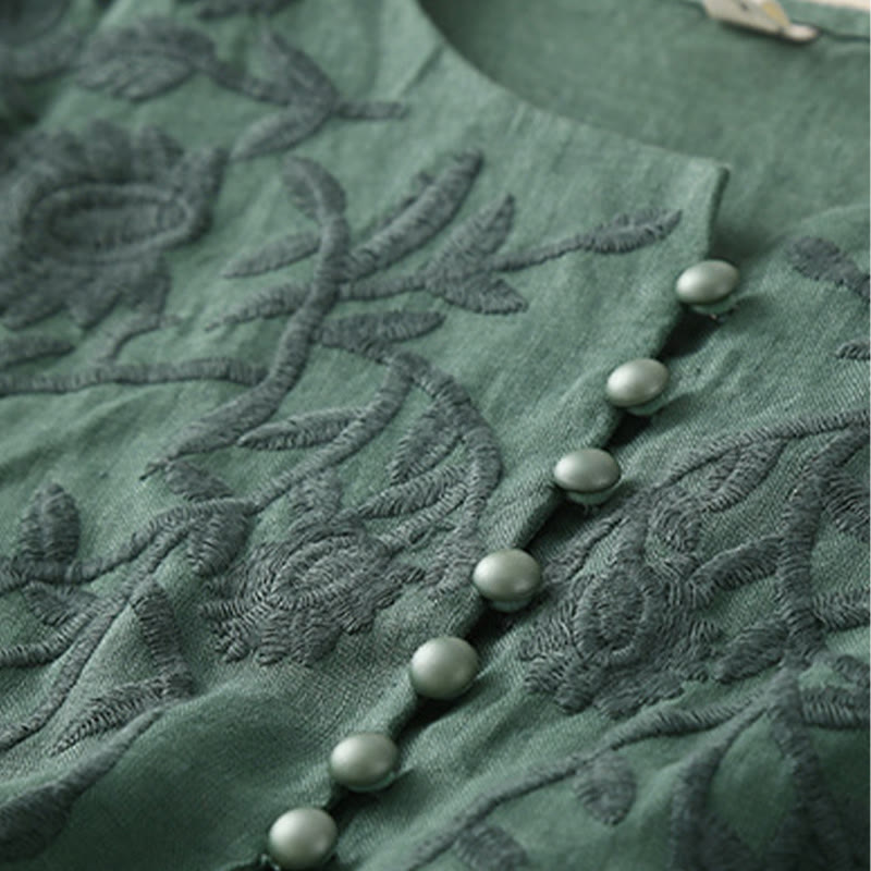 Camiseta de lino y algodón de manga larga con cuello redondo y flores bordadas informales con Buddha Stones para mujer - image 26