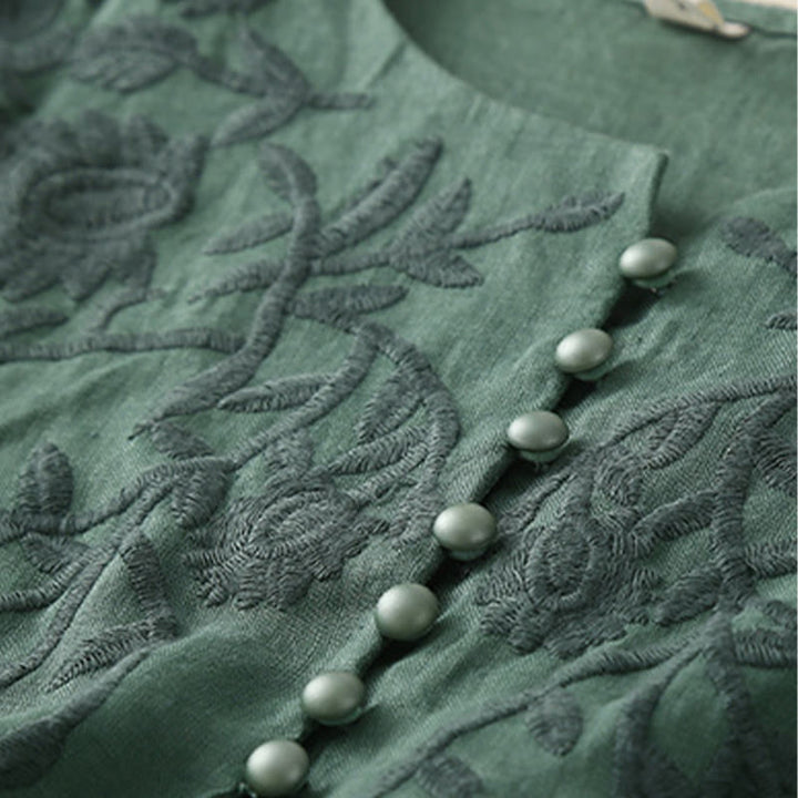 Camiseta de lino y algodón de manga larga con cuello redondo y flores bordadas informales con Buddha Stones para mujer - image 26