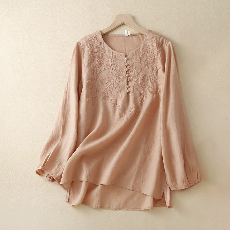 Camiseta de lino y algodón de manga larga con cuello redondo y flores bordadas informales con Buddha Stones para mujer - Salmón claro - US/UK/AU40, EU50 (2XL) - image 0