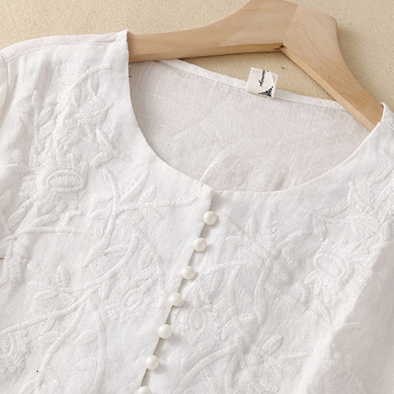 Camiseta de lino y algodón de manga larga con cuello redondo y flores bordadas informales con Buddha Stones para mujer - image 19