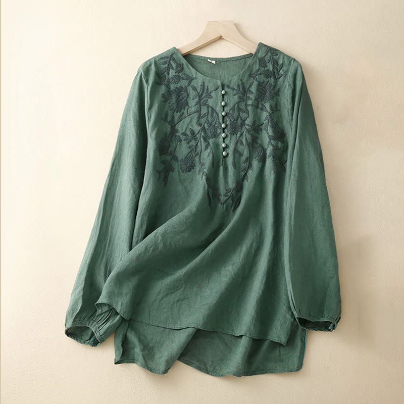 Camiseta de lino y algodón de manga larga con cuello redondo y flores bordadas informales con Buddha Stones para mujer - Verde azulado - US/UK/AU40, EU50 (2XL) - image 24