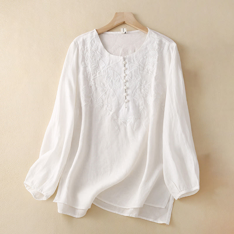 Camiseta de lino y algodón de manga larga con cuello redondo y flores bordadas informales con Buddha Stones para mujer - Blanco - US/UK/AU40, EU50 (2XL) - image 18