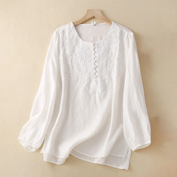 Camiseta de lino y algodón de manga larga con cuello redondo y flores bordadas informales con Buddha Stones para mujer - Blanco - US/UK/AU40, EU50 (2XL) - image 18